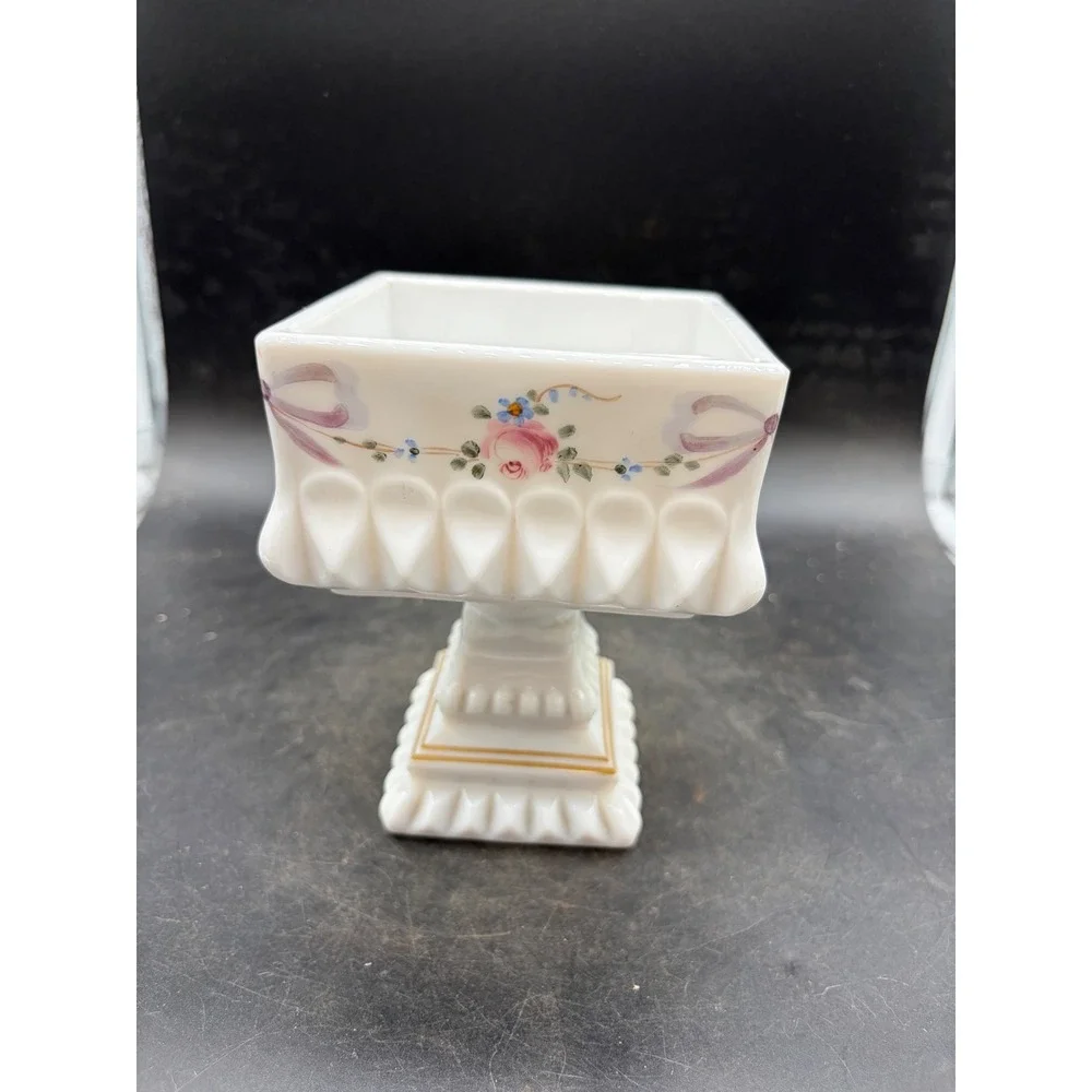 Vintage Milk Glass Pedestal Planter Square Hand Painted Floral Roses Sawtooth